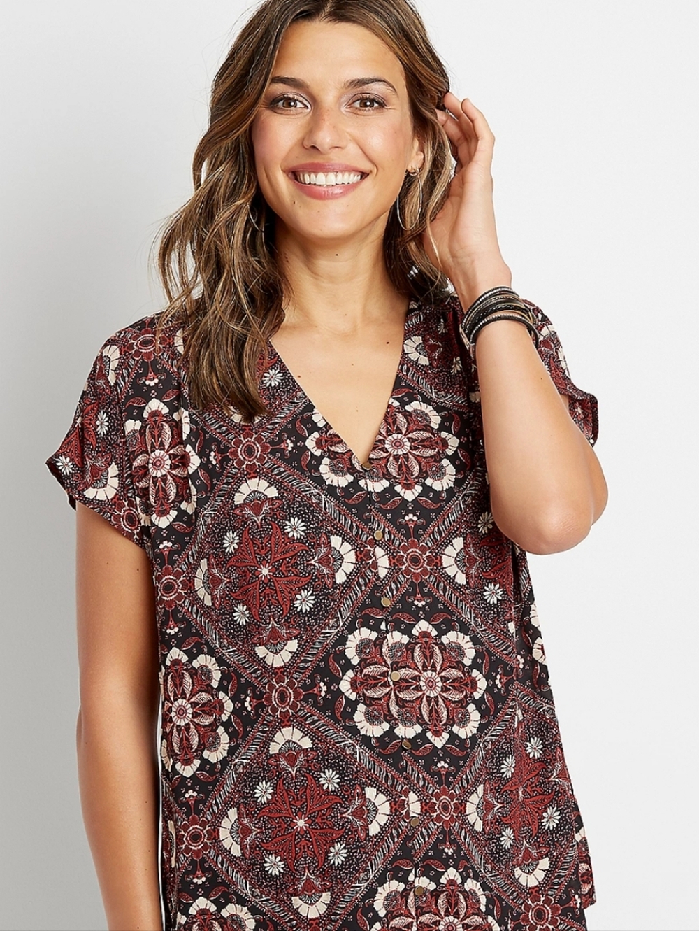 Maurices Black & Brown Floral Medallion Short-Sleeve Button Down Top